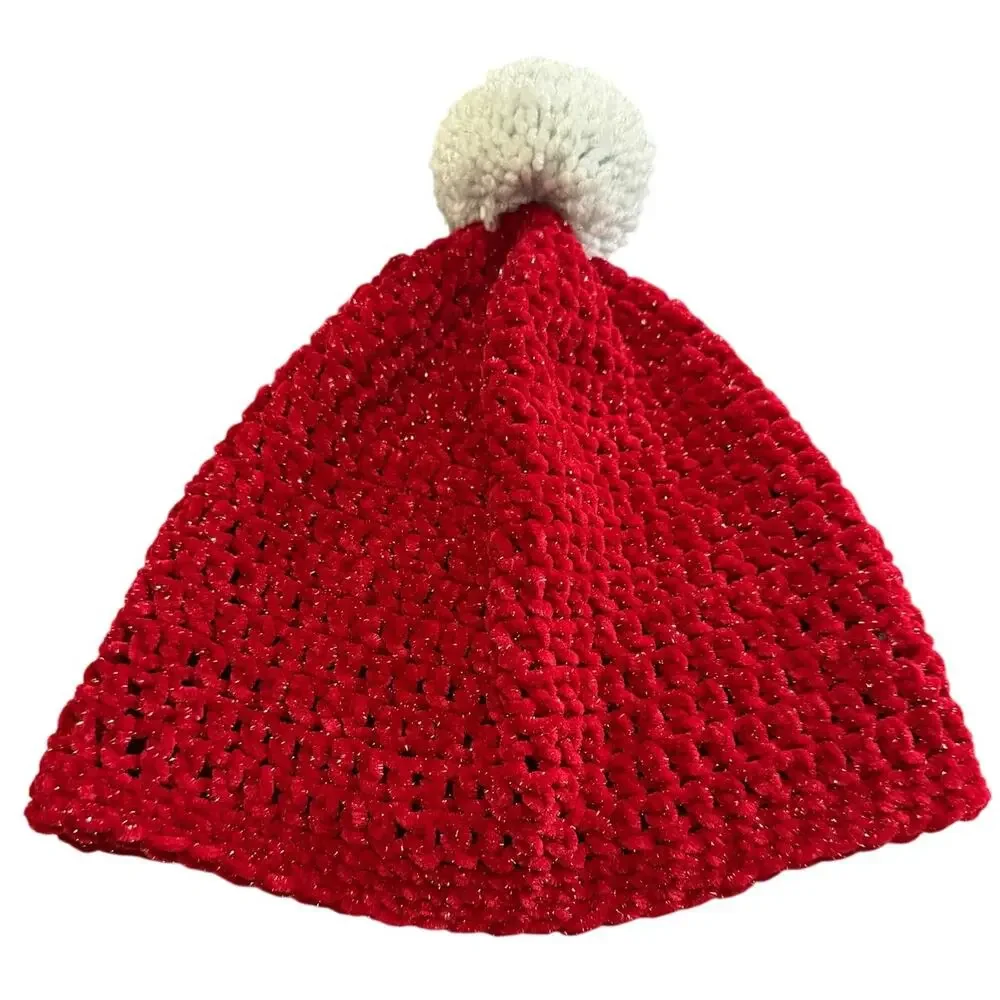 Knit Pompom Hat Red White Winter Christmas Holiday Beanie Metallic Shimmer
